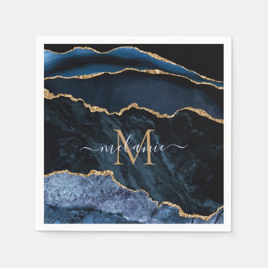 Monogram Naam Agaat Marine Blauw Goud Marmeren Ser Servet (Voorkant)