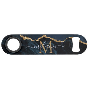 Monogram Naam Agaat Marine Blauw Goud Marmeren Sle Speed Flessenopener