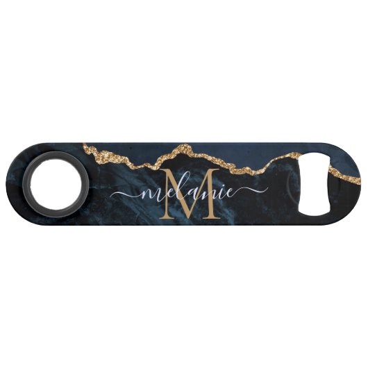 Monogram Naam Agaat Marine Blauw Goud Marmeren Sle Speed Flessenopener (Voorkant (Horizontaal))