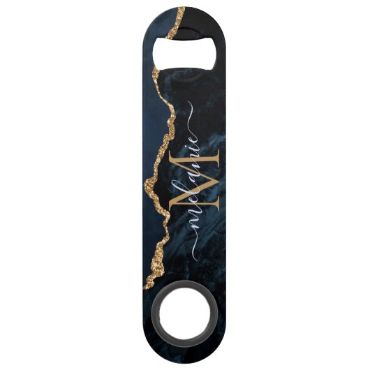 Monogram Naam Agaat Marine Blauw Goud Marmeren Sle Speed Flessenopener (Voorkant)