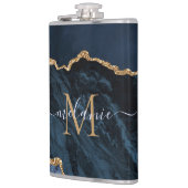 Monogram naam agaat Navyblauw Goud Edelsteen Marme Heupfles (Links)