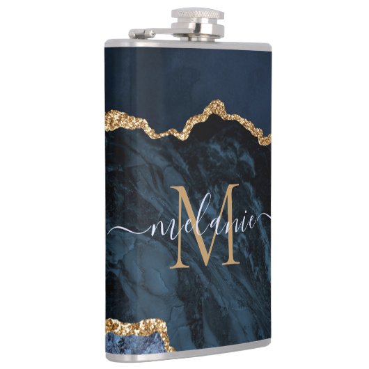 Monogram naam agaat Navyblauw Goud Edelsteen Marme Heupfles (Rechts)