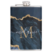 Monogram naam agaat Navyblauw Goud Edelsteen Marme Heupfles (Voorkant)