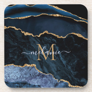 Monogram Naam Agaat Navyblauw Gouden Steen Marmer Bier Onderzetter