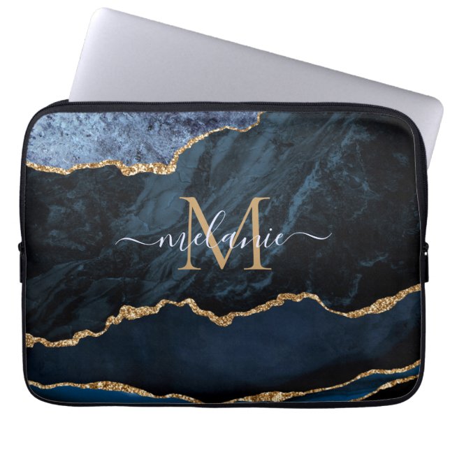 Monogram naam Agate Blue Gold Marble Laptop Slapje Sleeve (Voorkant)