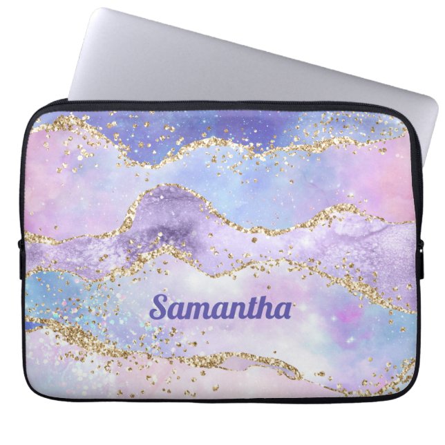 Monogram naam Agate Gold Glitter Pink Paars Blue Laptop Sleeve (Voorkant)