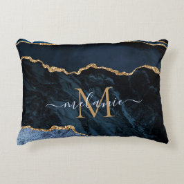 Monogram Naam Agate Navy Blue Gold Gemstone Marble Accent Kussen