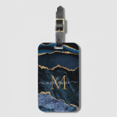 Monogram Naam Agate Navy Blue Gold Gemstone Marble Bagagelabel (Voorkant (verticaal))