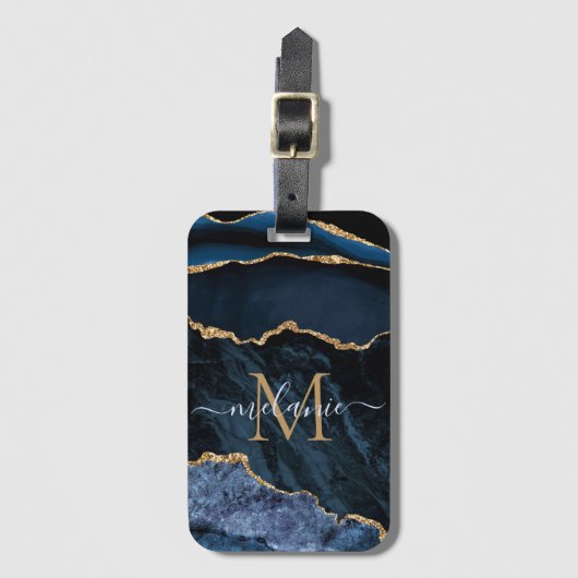 Monogram Naam Agate Navy Blue Gold Gemstone Marble Bagagelabel (Voorkant (verticaal))
