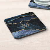 Monogram Naam Agate Navy Blue Gold Gemstone Marble Bier Onderzetter (Linkerzijde)
