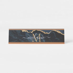 Monogram Naam Agate Navy Blue Gold Gemstone Marble Bureau Naambordje