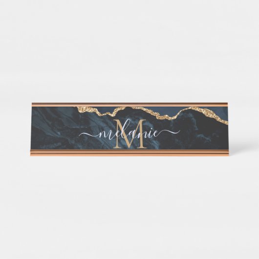 Monogram Naam Agate Navy Blue Gold Gemstone Marble Bureau Naambordje (Voorkant)
