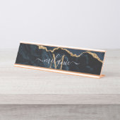Monogram Naam Agate Navy Blue Gold Gemstone Marble Bureau Naambordje (Voorkant)