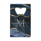 Monogram Naam Agate Navy Blue Gold Gemstone Marble Creditkaart Flessenopener (Voorkant)