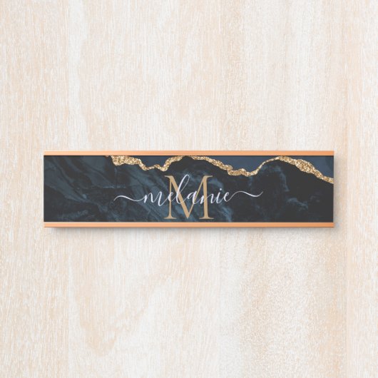 Monogram Naam Agate Navy Blue Gold Gemstone Marble Deurbordje (Voorkant)