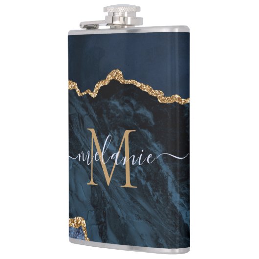 Monogram Naam Agate Navy Blue Gold Gemstone Marble Heupfles (Links)