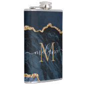 Monogram Naam Agate Navy Blue Gold Gemstone Marble Heupfles (Rechts)