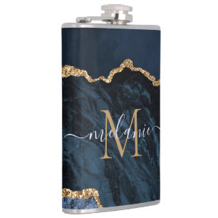 Monogram Naam Agate Navy Blue Gold Gemstone Marble Heupfles