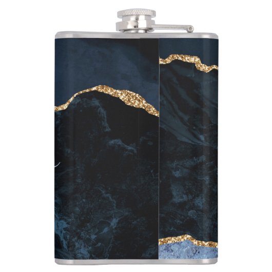 Monogram Naam Agate Navy Blue Gold Gemstone Marble Heupfles (Achterkant)