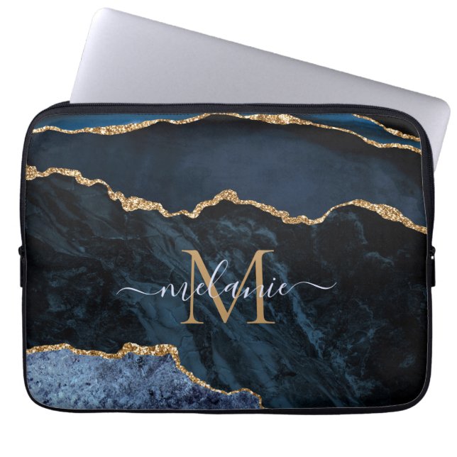 Monogram Naam Agate Navy Blue Gold Gemstone Marble Laptop Sleeve (Voorkant)