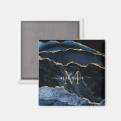 Monogram Naam Agate Navy Blue Gold Gemstone Marble Magneet (Voorkant / Achterkant)