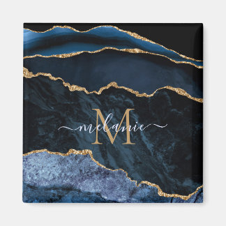 Monogram Naam Agate Navy Blue Gold Gemstone Marble Magneet
