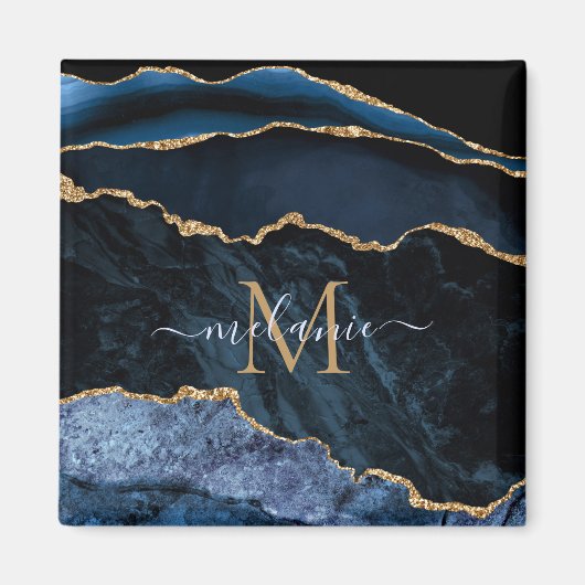 Monogram Naam Agate Navy Blue Gold Gemstone Marble Magneet (Voorkant)