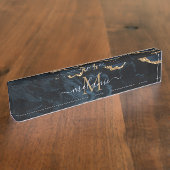 Monogram Naam Agate Navy Blue Gold Gemstone Marble Naambordje (Zijkant)