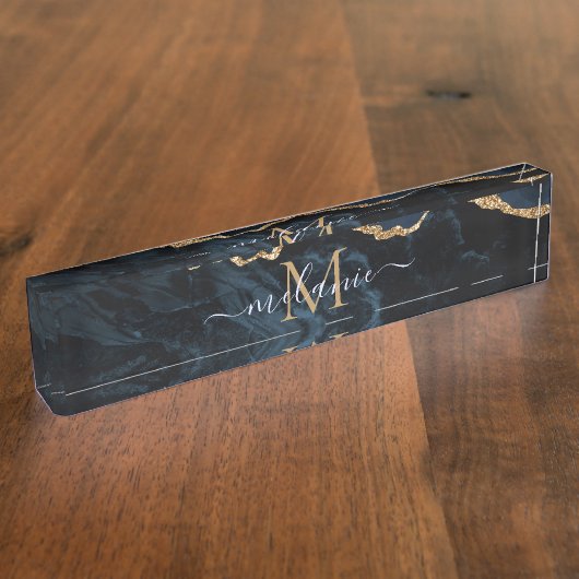 Monogram Naam Agate Navy Blue Gold Gemstone Marble Naambordje (Zijkant)