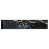 Monogram Naam Agate Navy Blue Gold Gemstone Marble Naambordje (Voorkant)