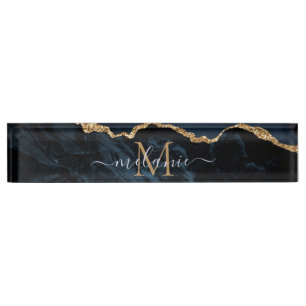 Monogram Naam Agate Navy Blue Gold Gemstone Marble Naambordje