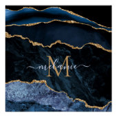 Monogram Naam Agate Navy Blue Gold Gemstone Marble Perfect Poster (Voorkant)