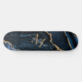 Monogram Naam Agate Navy Blue Gold Gemstone Marble Persoonlijk Skateboard (Horizontaal)