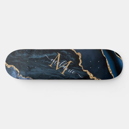 Monogram Naam Agate Navy Blue Gold Gemstone Marble Persoonlijk Skateboard (Horizontaal)