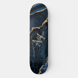 Monogram Naam Agate Navy Blue Gold Gemstone Marble Persoonlijk Skateboard