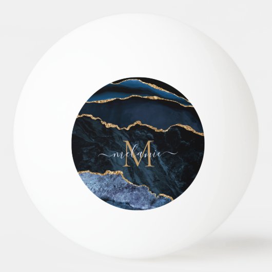 Monogram Naam Agate Navy Blue Gold Gemstone Marble Pingpongbal (Voorkant)
