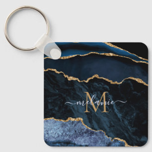 Monogram Naam Agate Navy Blue Gold Gemstone Marble Sleutelhanger
