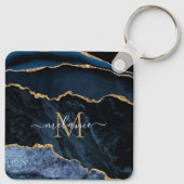 Monogram Naam Agate Navy Blue Gold Gemstone Marble Sleutelhanger (Achterkant)