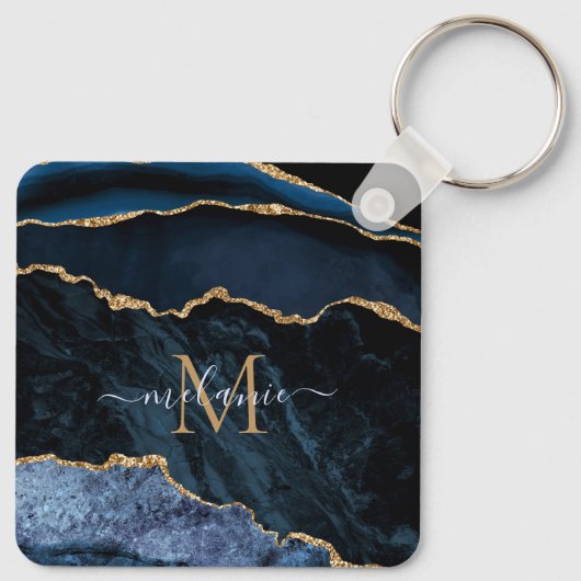 Monogram Naam Agate Navy Blue Gold Gemstone Marble Sleutelhanger (Achterkant)