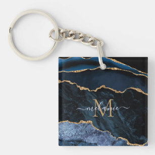 Monogram Naam Agate Navy Blue Gold Gemstone Marble Sleutelhanger