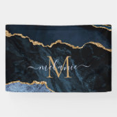 Monogram Naam Agate Navy Blue Gold Gemstone Marble Spandoek (Horizontaal)