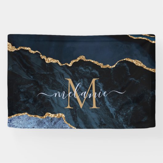 Monogram Naam Agate Navy Blue Gold Gemstone Marble Spandoek (Horizontaal)