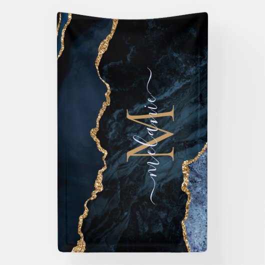 Monogram Naam Agate Navy Blue Gold Gemstone Marble Spandoek (Verticaal)