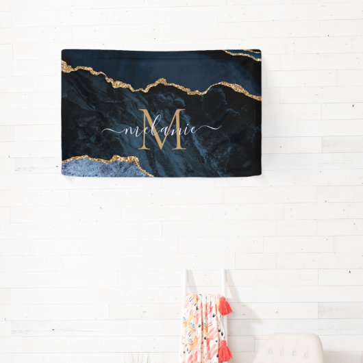 Monogram Naam Agate Navy Blue Gold Gemstone Marble Spandoek (Insitu)