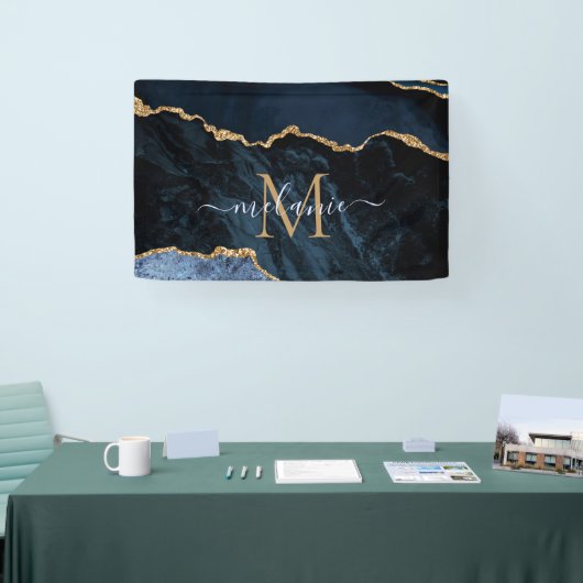 Monogram Naam Agate Navy Blue Gold Gemstone Marble Spandoek (Beurs)