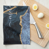 Monogram Naam Agate Navy Blue Gold Gemstone Marble Theedoek (Quarter Fold)