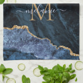 Monogram Naam Agate Navy Blue Gold Gemstone Marble Theedoek (Gevouwen)