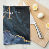 Monogram Naam Agate Navy Blue Gold Gemstone Marble Theedoek (Quarter Fold)