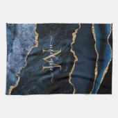 Monogram Naam Agate Navy Blue Gold Gemstone Marble Theedoek (Horizontaal)