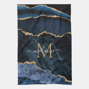 Monogram Naam Agate Navy Blue Gold Gemstone Marble Theedoek